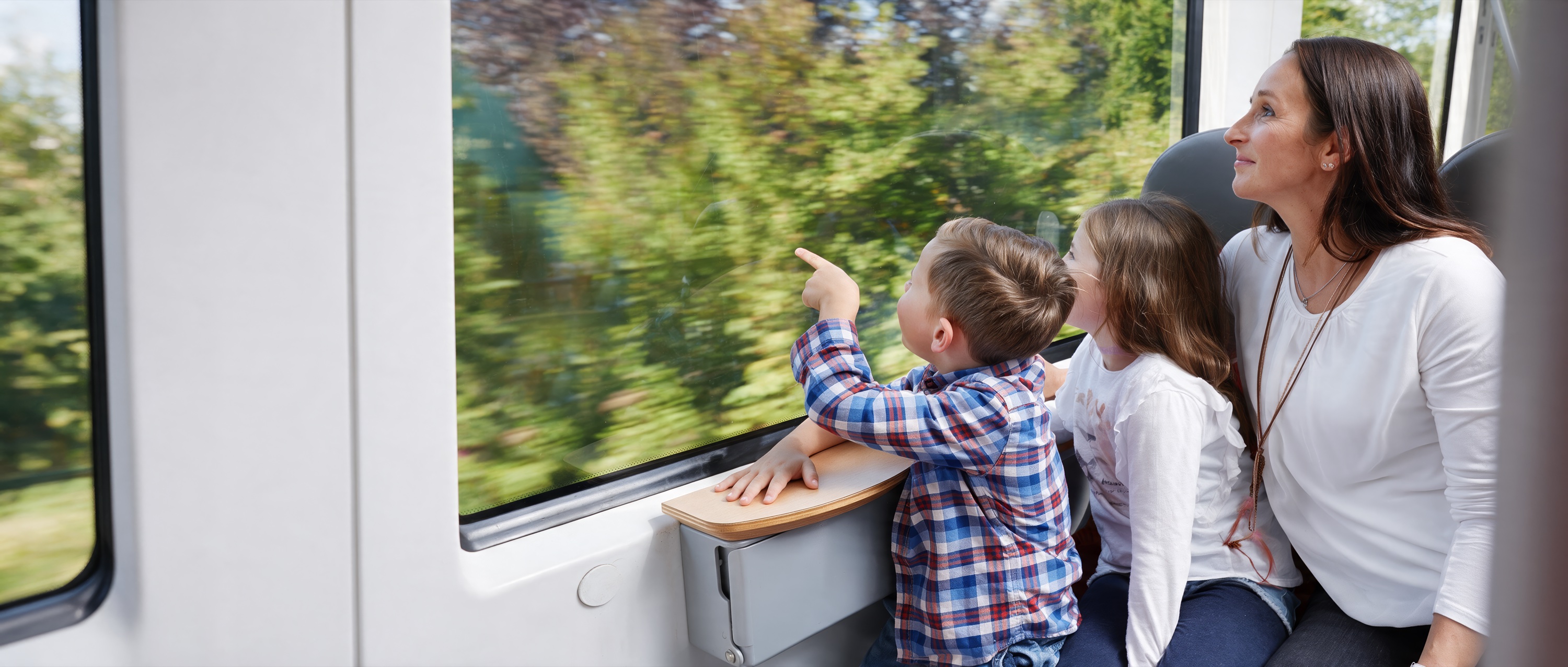 Junge zeigt im Zug aus dem Fenster, Schwester und Mutter schauen mit